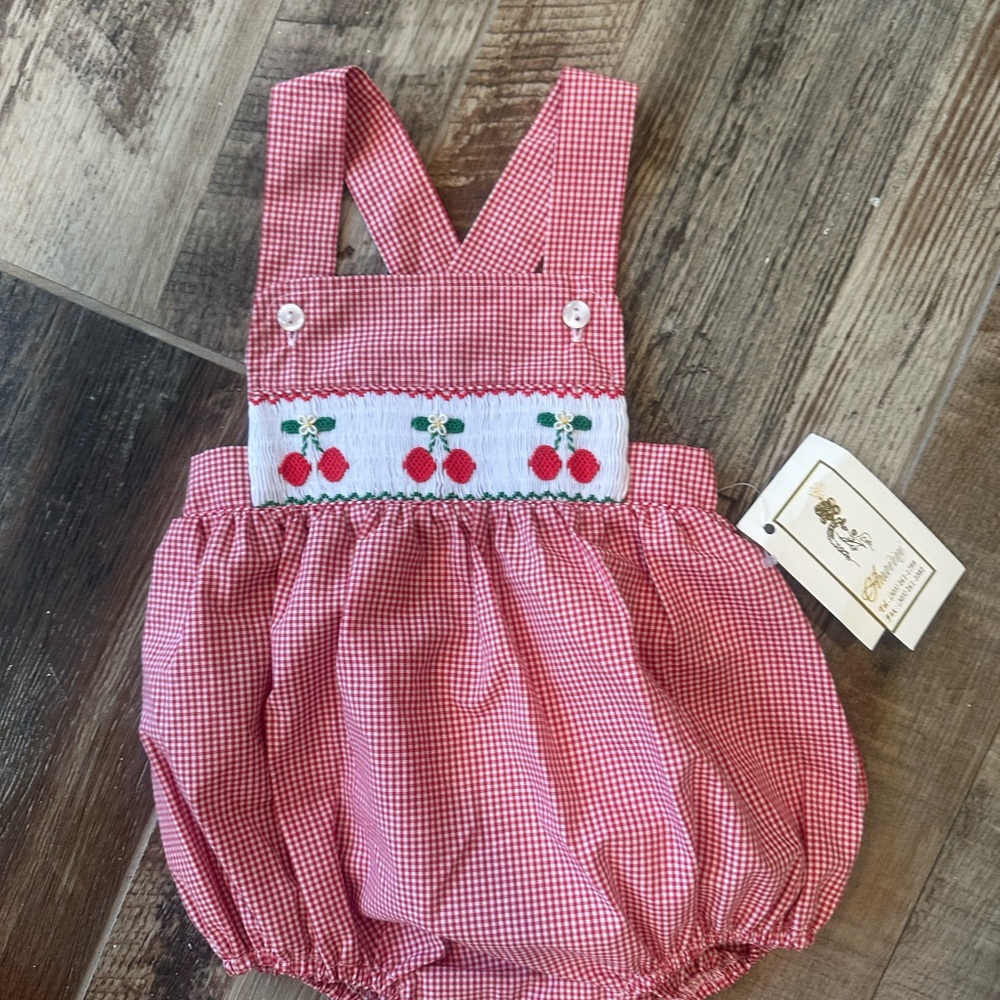 NWT Red Gingham bubble with Cherry Smocking 3 months